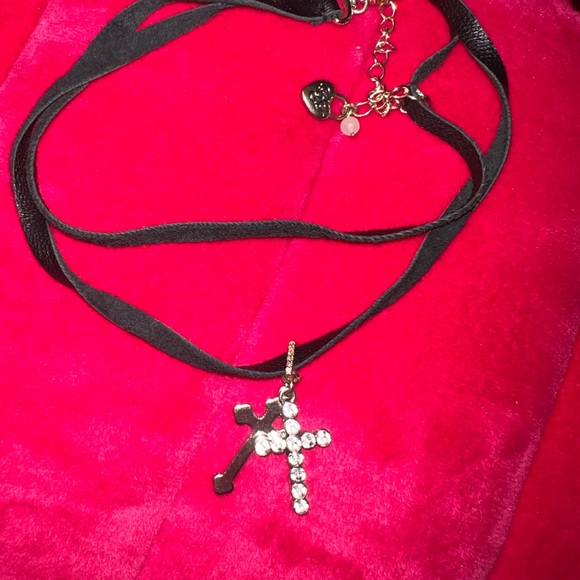 Betsey Johnson Jewelry - Betsy Johnson Black Ribbon Necklace with Rhinestone Cross Pendant